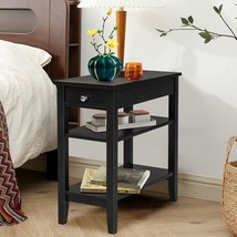 Side End Table with Drawer and 2-Tier Open Storage Shelves for Space Saving-Bla - £108.40 GBP