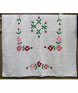 Vintage Quilt 1981 old SIGNED cotton homemade square 94 x 81 flowers NEV... - $340.54 CAD