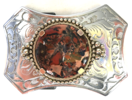 Vintage Belt Buckle Silver-Tone Tooled Leather-Look with Faux Cabochon 4 x 2.75&quot; - £15.45 GBP