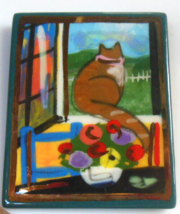 Vintage Signed Laura Mostaghel Ceramic Hand Painted Brooch Cat in Window Sill - £18.39 GBP