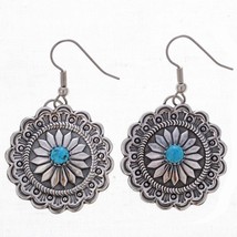 Navajo Turquoise Concho Earrings Sterling Silver Stamped Feathers Dangles McCray - £94.17 GBP