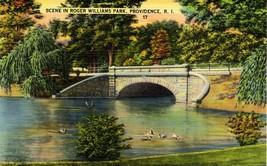 Linen Postcard Scene in Roger Williams Park Providence RI Echo Bridge Ducks - £5.58 GBP
