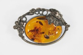 Vintage Sterling Silver Amber and Grape &amp; Leave Brooch Pin 15g - $147.51