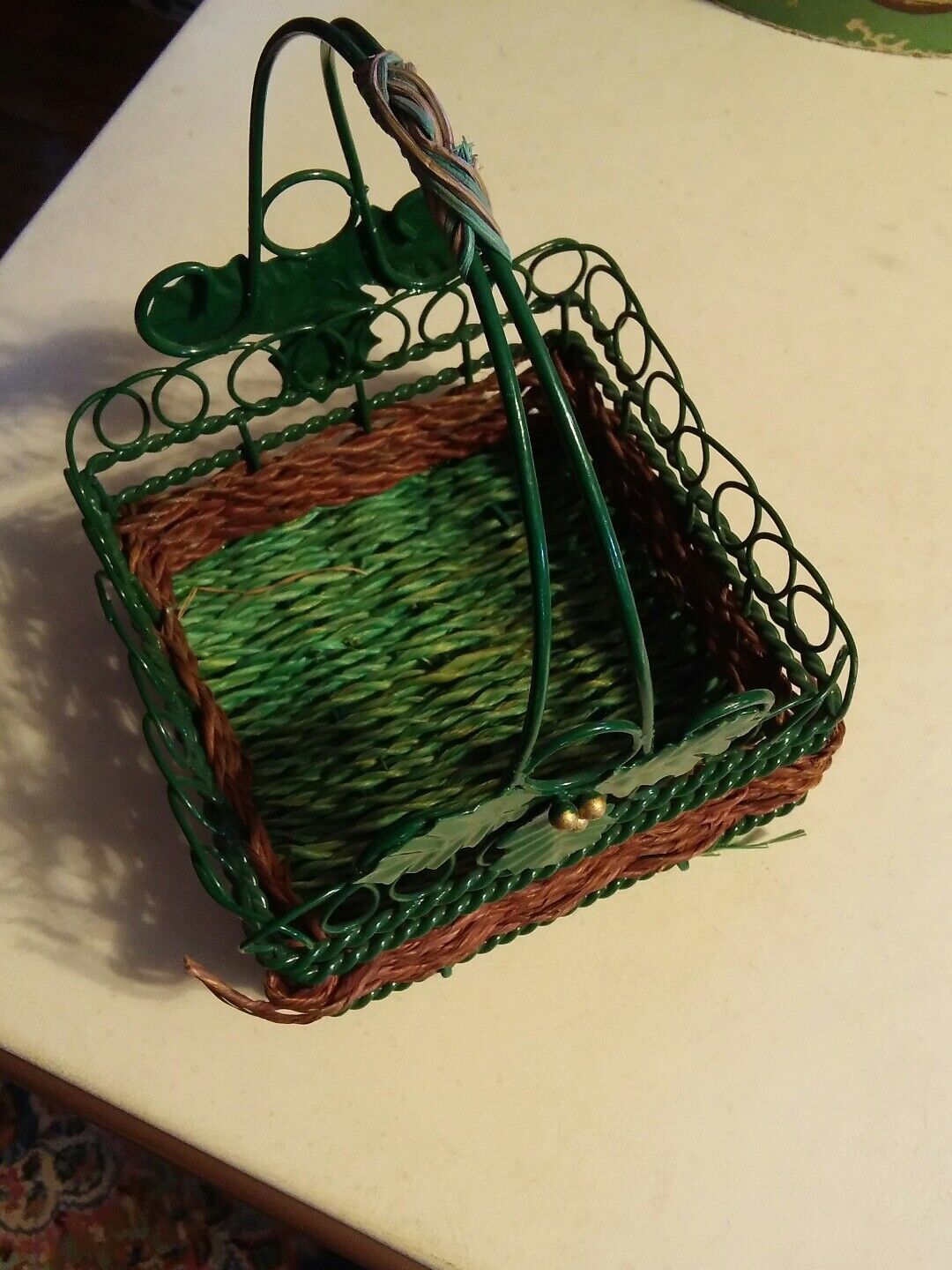 015 Metal &amp; Woven Basket Holly Leaf Design Green &amp; Brown - $2.99