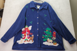 Quacker Factory Cardigan Sweater Womens 3X Blue Christmas Collared Button Front - £29.64 GBP