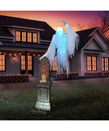 DRAMATIC 9&#39; FLOAT GHOST SKELETON OVER LED RIP TOMBSTONE ANIMATRONIC YARD... - $619.62