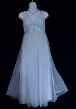 Vintage Shadowline Long Nightgown S XS Petite Chiffon Lace Bust Satin Trim Blue - £36.53 GBP