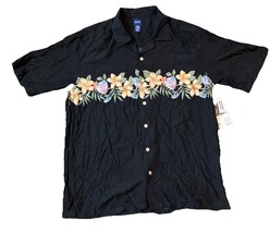 Basic EdItions Hawaiian Shirt Mens Medium Black Floral Short Sleeve Button Up - £19.02 GBP