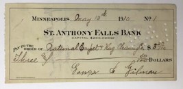 St. Anthony Falls Bank Antique Check c. 1910 05/13/1910 Minneapolis Minn... - £11.60 GBP