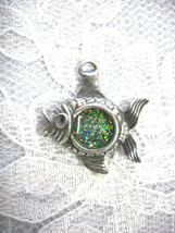 Tropical Reef Fish W Blue / Green / Yellow Glitter Inlay Pewter Pendant Necklace - £6.81 GBP
