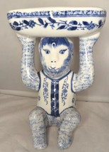 Vintage Chinoiserie Monkey Blue &amp; White Seated Pedestal Soap Dish Bowl 8... - £172.20 GBP