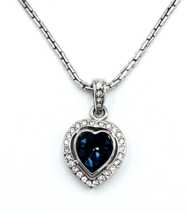 Silver Tone Blue Crystal Heart Halo Pendant Necklace - £10.84 GBP