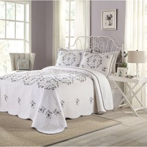 Queen size Cotton Bedspread with Scalloped Edges and Floral Print Embroi... - $269.99