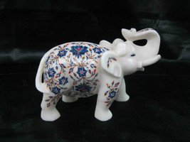 6.5&quot; White Marble Elephant Statue Trunk Up Lapis Inlay Floral Arts Decor... - $900.40