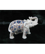 6.5&quot; White Marble Elephant Statue Trunk Up Lapis Inlay Floral Arts Decor... - £717.61 GBP