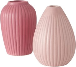 Geometric Scandi Baby Vases, Set Of 2, Fluted, Color Soaked Pale Pink And Rose, - $35.98