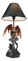 Red Gold Armored Dragon On Celtic Knotwork High Cross With Crystal Table Lamp - £110.16 GBP