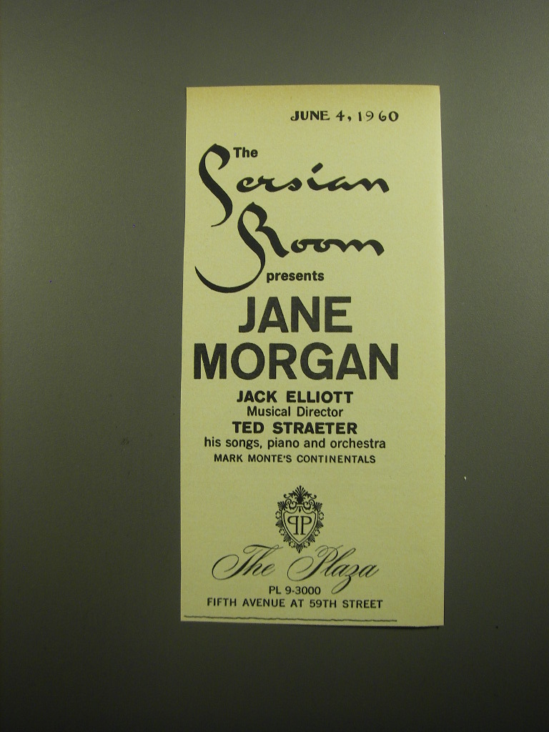 Primary image for 1960 The Plaza Hotel Ad - The Persian Room presents Jane Morgan