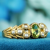Natural Peridot and Pearl Vintage Style Solitaire Ring in Solid 9K Yellow Gold - £439.09 GBP