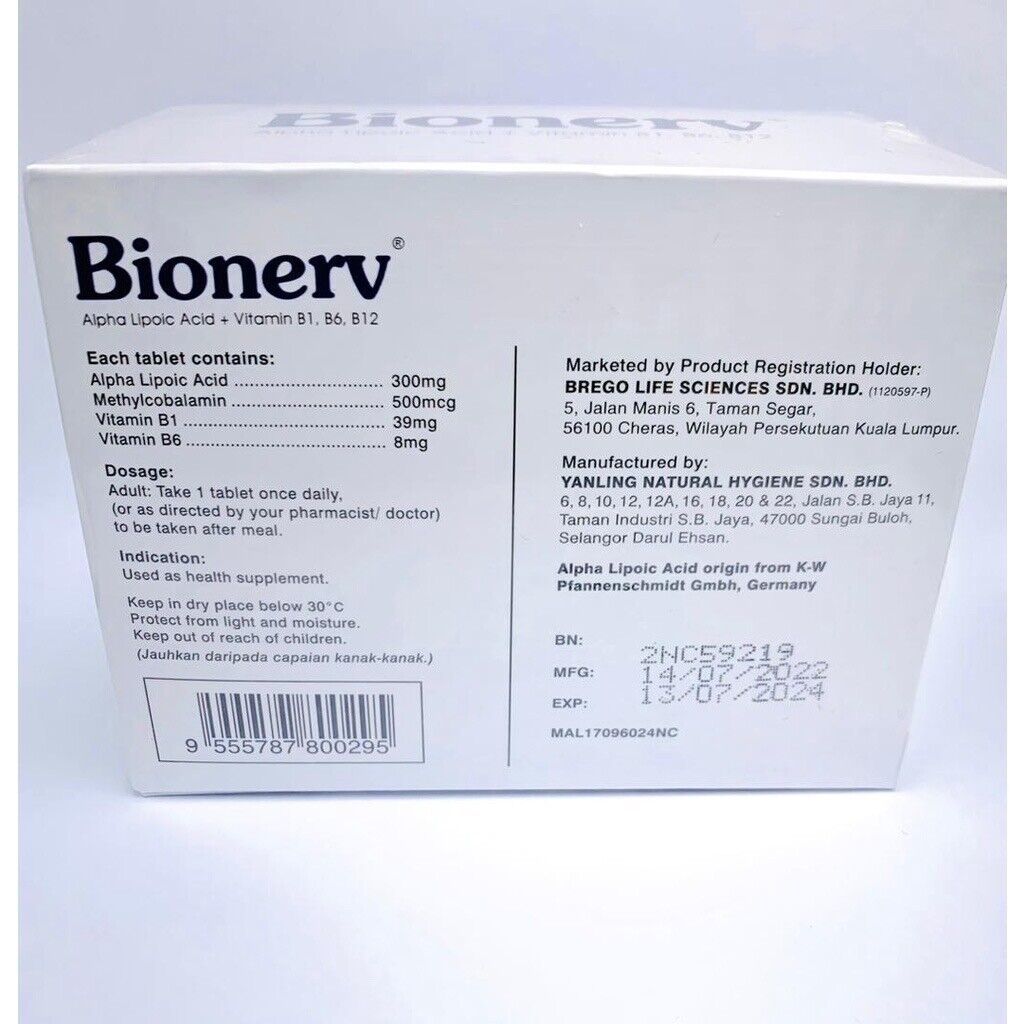 2 X Bionerv 60's Alpha Lipoic Acid, Vitamin B1, B6, B12 Reduces Nerve ...