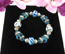 Blue Glass &amp; Polymer Clay Beaded Bracelet Vintage Silvertone Metal Beads Stretch - £13.91 GBP