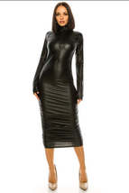 Black Faux Leather Ruched Sides Long Sleeve Midi Dress - $45.00