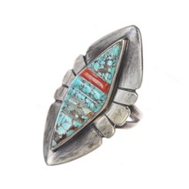 sz7.25 GL Vintage Native American silver spiderweb turquoise and coral ring - £175.84 GBP