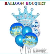 7 Pcs Balloons Bouquet Blue Decoration Crown Adult Happy Birthday Events Party - £9.56 GBP