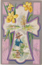 Easter Greetings Postcard Lilies Lily Daffodils Cross Girl Swan Series N... - $2.99