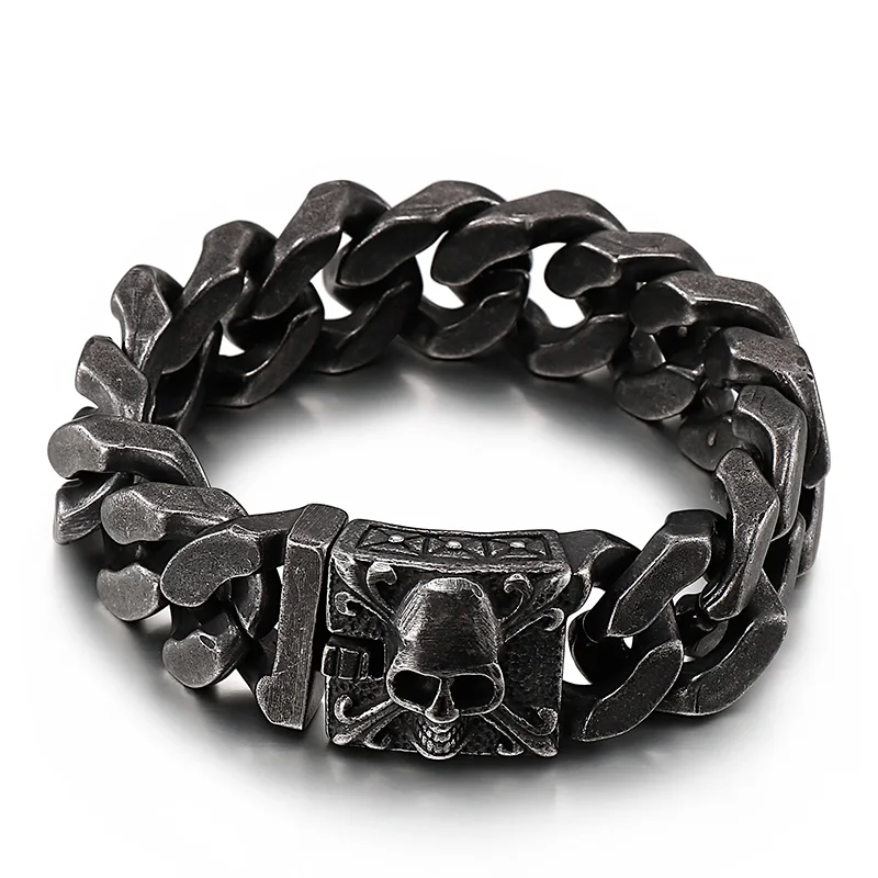 Fongten Men Black Gothic Style Skull Pattern Darkness Jewelry Carving Shiny Desi - £27.70 GBP