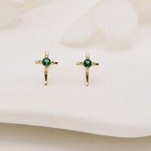 14K Yellow Gold Plated Round Green Emerald 0.1Ct Lab Created Cross Stud Earring - £65.73 GBP