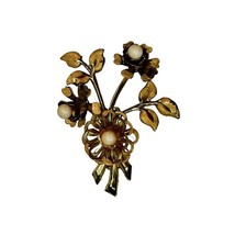 Vintage MCM Gold Tone Floral Flower Bouquet Brooch with White Beads 2 Inch - £6.13 GBP