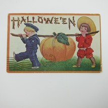 Vintage Halloween Postcard Boys Red &amp; Blue Sailor Suit Carry Giant Pumpkin 1911 - $39.99