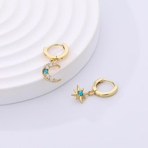 Fine Jewelry 925 Silver Hoop Earrings with Moon, Star, and Blue Opal Stone - 18K - £22.73 GBP