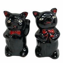 Vintage Black Cat Pig Salt and Pepper Shakers 3” Redware Red Bow Japan - £17.48 GBP
