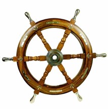 24&quot; Nautical Wooden Ship Steering Wheel with Brass Anchor &amp; Strips Pirat... - £93.39 GBP