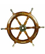 24&quot; Nautical Wooden Ship Steering Wheel with Brass Anchor &amp; Strips Pirat... - £92.31 GBP