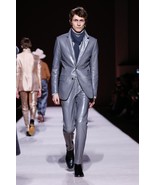Gray Men Blazer Business Formal Lambskin 100% Handmade Genuine Leather S... - €111,13 EUR+