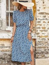 Perfee Floral Round Neck Split Midi Dress - $34.61