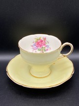 Paragon Teacup and Saucer pale yellow with roses inside, gold rims VTG 6... - $44.37