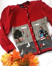 Vintage Austrian Bawarian Wool Sweater Cardigan Red with Duck Girl Country - £97.25 GBP
