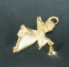 Vintage Costume Jewelry, Gold Tone Angel Ringing Bell Brooch, Signed GG PIN175 - £7.63 GBP