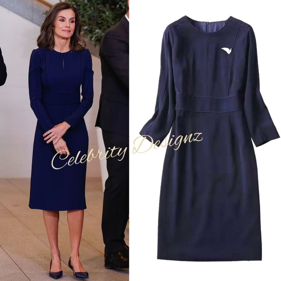 Spanish Queen Letizia Inspired Keyhole Neckline Navy Piped Sheath Pencil Dress
