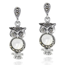 Night Owl Mother of Pearl and Marcasite Stone .925 Silver Drop Earrings - £24.68 GBP