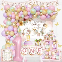 Fairy 1st Birthday Party Set – Backdrop, Balloons, Banner &amp; Cake Topper - $46.27