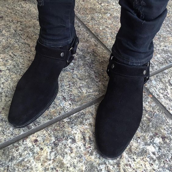 NEW Handmade Men black suede bike boot, Men ankle boot, Men side zipper boot