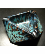 Slag Swirl Glass Ashtray Triangular Shape Angles Blues Gold Sparkly Unmarked - $24.99