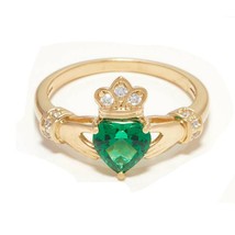 1.35Ct Coeur Coupe Simulé Émeraude Claddagh Promesse Bague 14k or Jaune Plaqué - £295.62 GBP