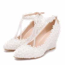 White Flower Woman Wedding Shoes Lace Pearl High Heels Sweet Bride Dress Beading - £67.34 GBP