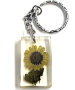 VTG Dried Yellow Green Brown Flower Acrylic Rectangle Charm Keychain Retro - £9.01 GBP